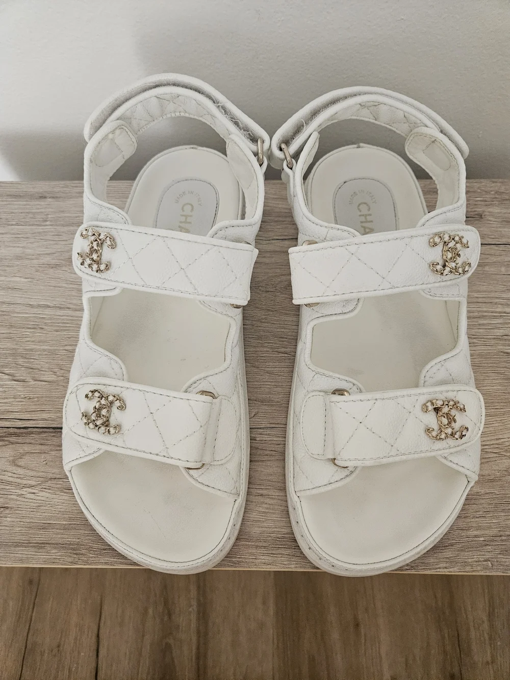 Cream Quilted Velcro Sandals with Gold CC Hardware